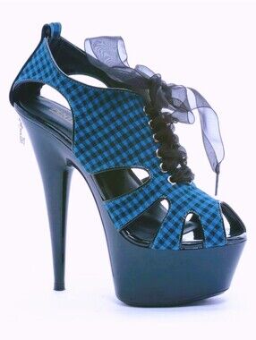 Penthouse Colleen Black Blue Plaid Platform Stripper Heels, Sz 5